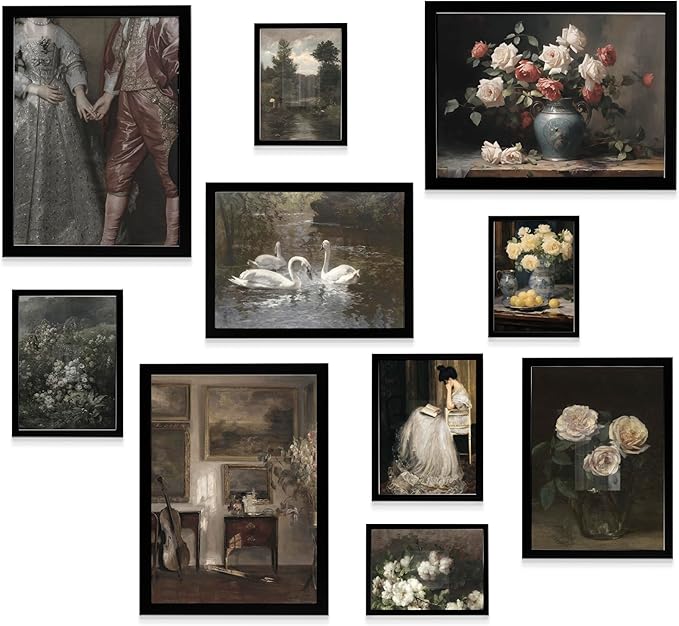 Dark Academia Decor Framed Wall Art, 10 pcs of Gothic Wall Art for Moody Decor, Vintage Room Decor Aesthetic Dark Academia Prints for Bedroom
