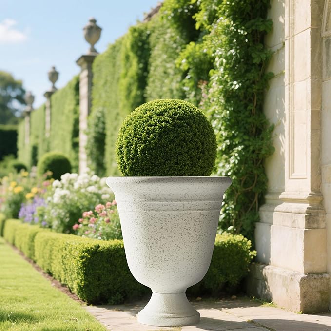 Worth Garden 2-Pack 19.5" H Plastic Urn Planters, Grayish White Large Lightweight Imitation Stone Textured Decorative Flower Plant Pots with Drainage Hole for Indoor Outdoor Patio Front Porch