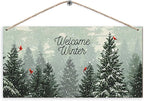 Welcome Winter Hanging Wooden Signs 12x6, Pine Tree Decor, Winter Door Decorations, Winter Door Sign, Snowflake Pine Trees Birds Home Room Office Hanging Wall Decor