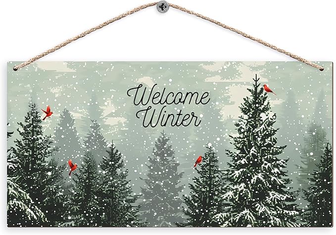 Welcome Winter Hanging Wooden Signs 12x6, Pine Tree Decor, Winter Door Decorations, Winter Door Sign, Snowflake Pine Trees Birds Home Room Office Hanging Wall Decor