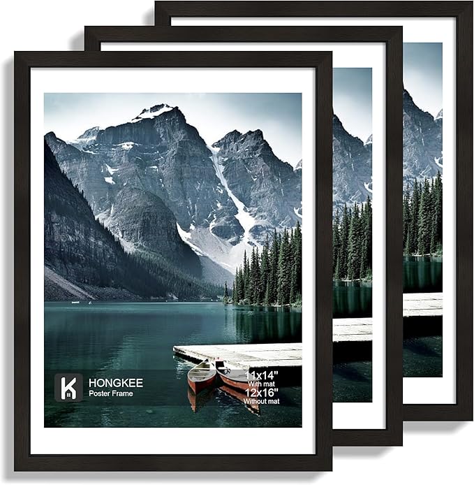 12x16 Picture Frame Set of 3 - Display 11x14 Photo with Mat or 12 x 16 Poster without Mat, Wall Mounting Horizontal and Vertical, Black