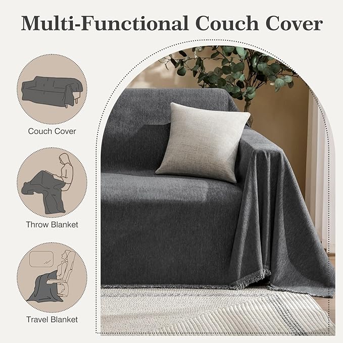 Couch Cover for Dogs Sectional Sofa Covers Washable for 2 Cushion Couch, Chenille Couch Cover Blanket, Sectional Sofa Slipcovers, Multi-Use Furniture Protector for Kids, Pets, 91" X118", Dark Grey