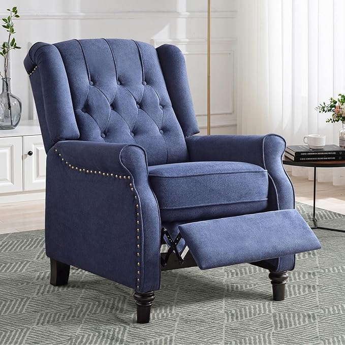 CANMOV Push Back Recliner Chair Set of 2, Modern Fabric Wingback Recliner Chair, Comfy Armchair Single Sofa Accent Chair with Padded Seat and Nailhead Trim, Tufted, Dark Blue