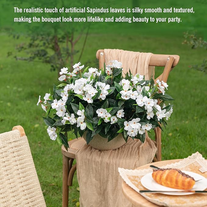 Uqueeten15.7” Fall Decorations for Home Fake Fall Flowers Fake Plants Artificial Impatiens Bouquet Flowers for Outdoors Silk Faux Flowers Impatiens Plants Decor Indoor Planters 8PCS (White) 8pcs