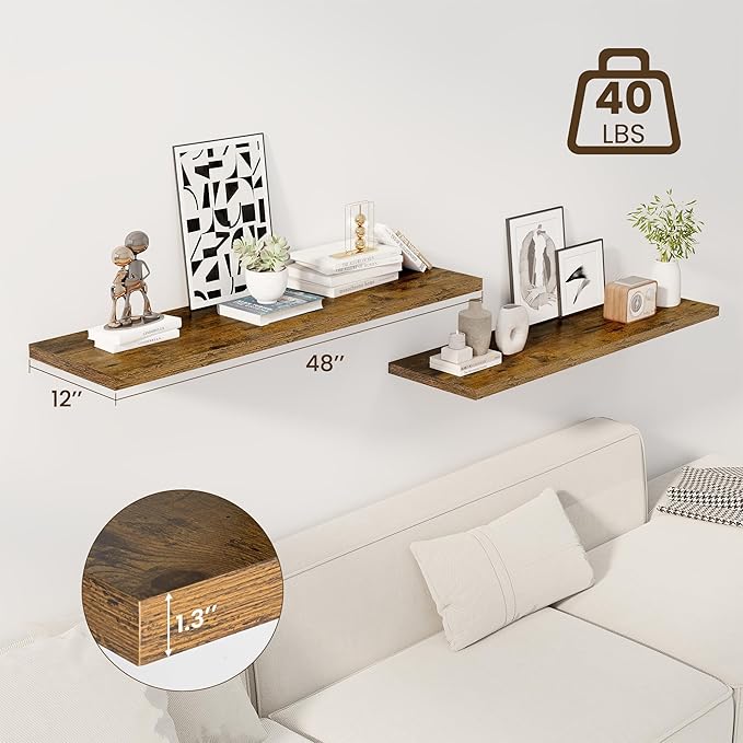 Dreamland 48" Floating Shelves for Wall, 12" Deep Slim Rustic Brown Floating Shelves, Wall-Mounted Shelves for Bedroom, Living Room, Kitchen, Bathroom - Set of 2