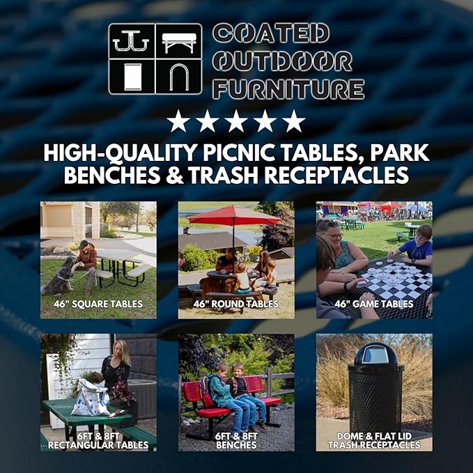 Coated Outdoor Furniture Heavy-Duty Portable Outdoor Picnic Table with Umbrella Hole, Punched Steel Commercial-Grade Patio Dining Furniture Made in America (46" Round Top, Textured Burgundy)