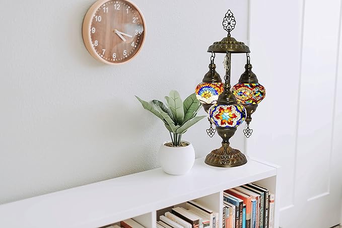 mozaist Turkish Table Lamp, Boho Lamp, 3 Globe Mosaic Desk Light, Decorative Tiffany Lampshade, Colorful Vintage Lamp for Bedroom, Living Room, Kids Room US Plug & E12 Socket, Mixed Mosaic