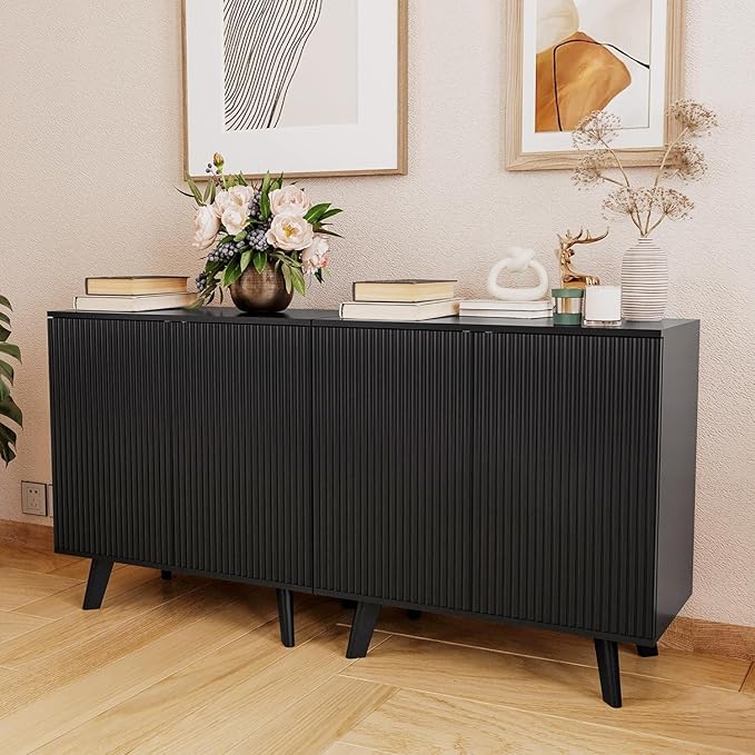 Modern Sideboard Buffet Cabinet Console Table, Accent Storage Cabinet with Fluted Doors for Kitchen Dining Living Room Entryway (Black)