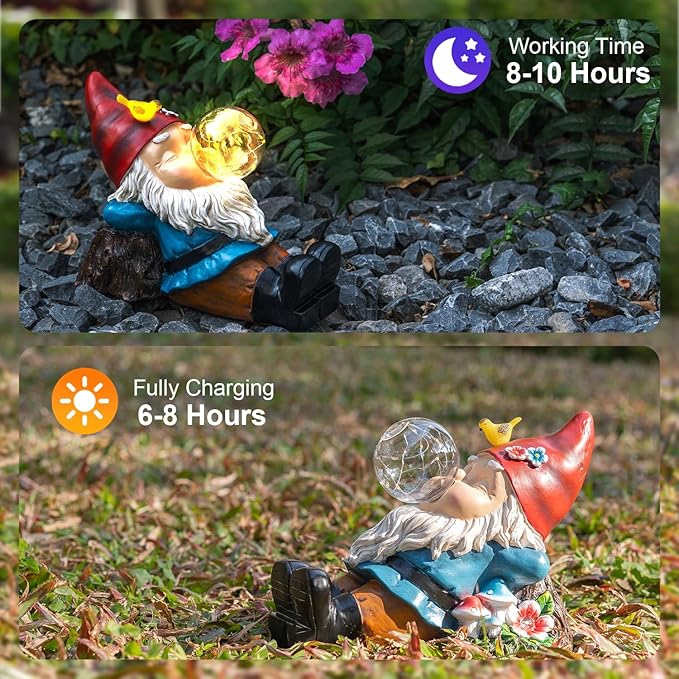 TIJNN Garden gnome Statue with Solar Lights. Funny Garden gnome Decorations for Your Yard, Outdoor Patio, Lawn, Gardens, Balcony or Home. Great Gift idea for Women and mums for Mother's Day.