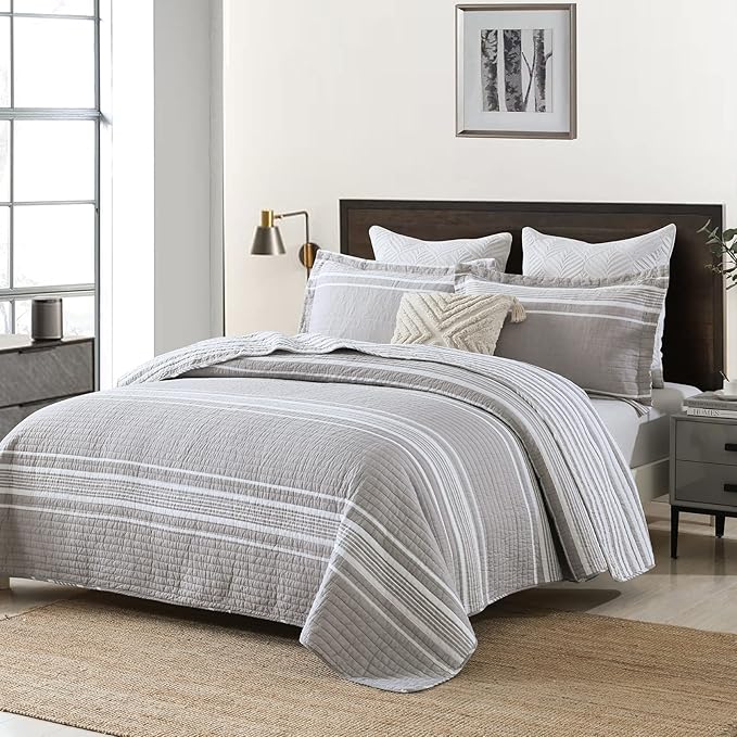 Y-PLWOMEN Quilt King Size - 100% Cotton King Quilt, Grey Striped Quilt for King Bed, Lightweight Reversible King Size Bedspread for All Season, 3-Piece