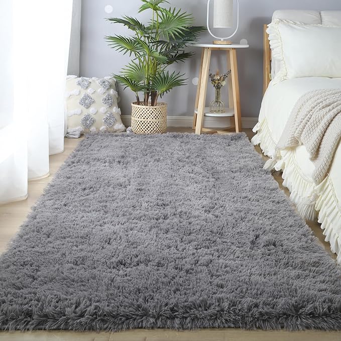 Grey Shag Rugs for Bedroom 5x7: Soft Shag Plush Area Rug for Living Room - Fuzzy Modern Gray Non-Skid Shaggy Carpet for Boys Kids Playroom Dorm