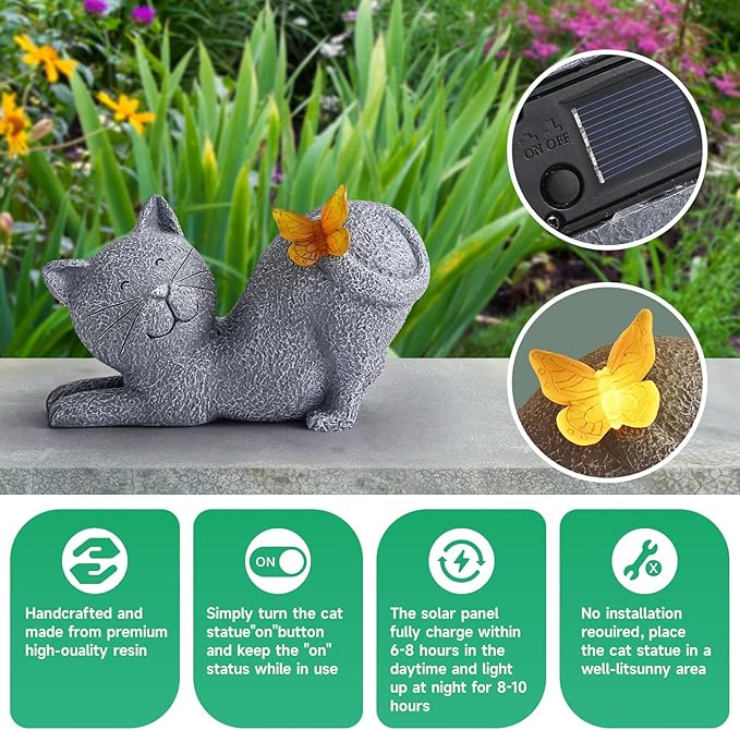 Solar Cat Garden Statue with Glowing Butterfly, Outdoor Resin Cat Figurine with Solar Light, Waterproof Yard Decor for Patio, Lawn, Porch, and Unique Garden Gifts for Cats Lovers