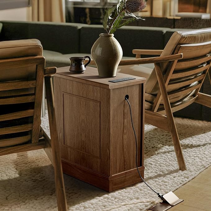 Nightstand with Charging Station, Vintage Wood End Table with 3 Drawer, Victoria Narrow Side Table, Slim Bedside Tables for Bedroom, Pre-Installation, Brown