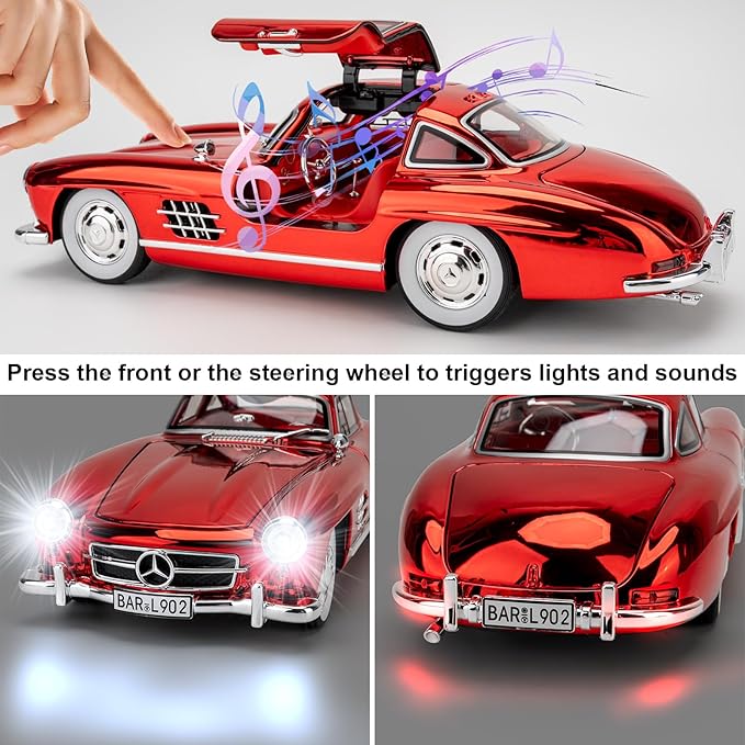 1/24 300SL Diecast Car Model Toy, Collectible 300SL Vintage Car with Sound and Light, Zinc Alloy Pull Back Toy Vehicle for Adult Boys Girls (Red)
