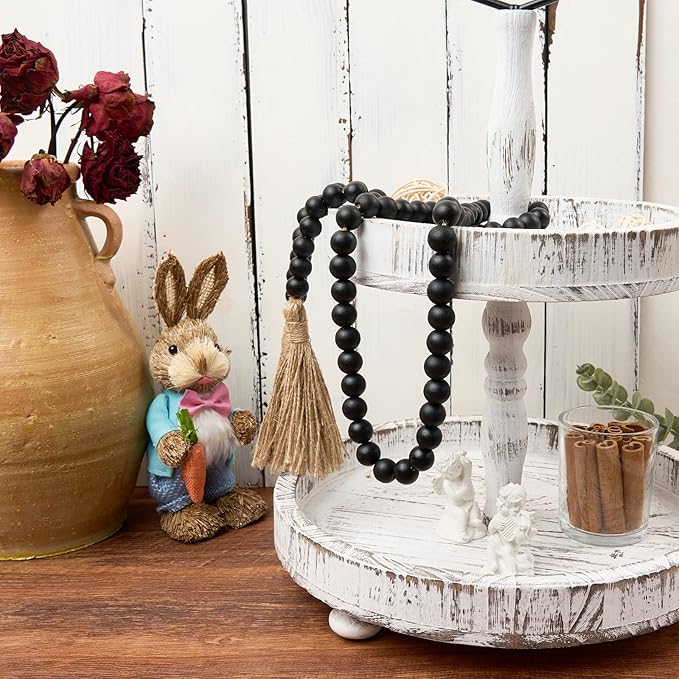 OMISHE 59in Wood Bead Garland with Tassels, Decorative Beads, Farmhouse Wooden Beads Garland for Wall Hanging Home Festival Decor, Black