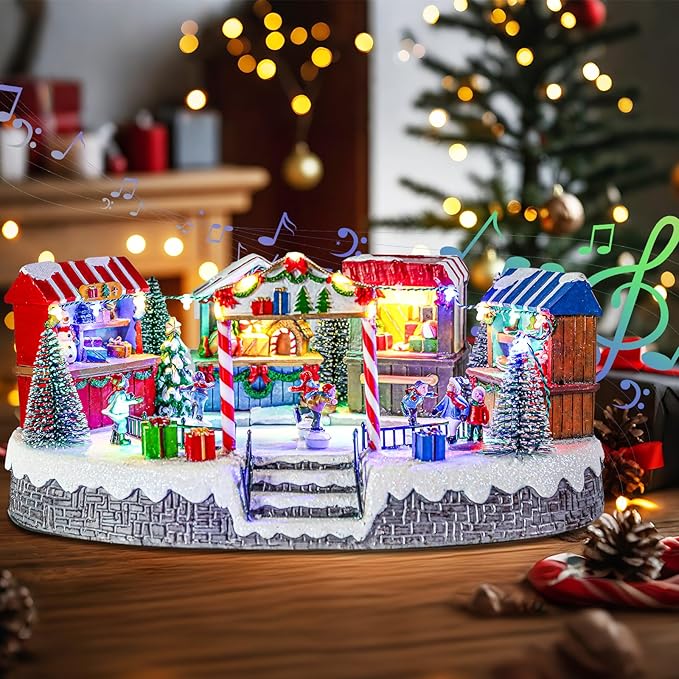 Bdor Christmas Market Village Scene with LED Lights | 8.3 x 5.9 x 5.9 Inches Battery Operated Holiday Decoration with Musical & Animated Market Stalls for Indoor Home Décor