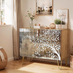 SIGNWIN Sideboard Buffet Cabinet, Kitchen Storage Cabinet with 2 Doors, Mid-Century Tree Silhouetten, Cupboard Console Table for Dining Room - 35" L x 18" W x 29" H