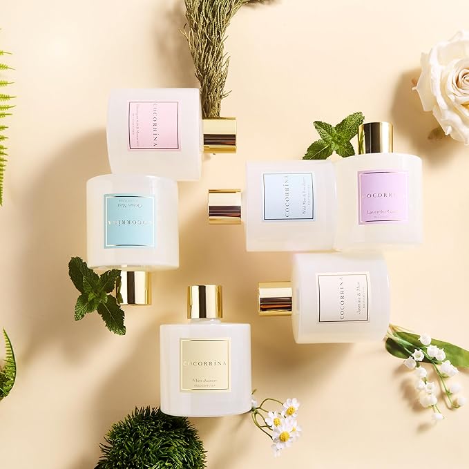 COCORRÍNA Reed Diffuser - Wild Mint & Eucalyptus 6.7 Fl.oz Reed Diffuser Set with Sticks & Preserved Baby's Breath, Reed Diffuser for Home Bathroom Shelf Decor