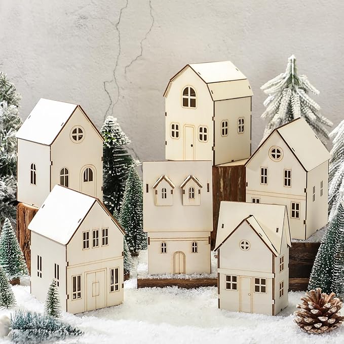 Hiboom 12 Pcs DIY Christmas Village Sets Wood Villa Houses Christmas Mini Wooden House Gift for Winter Xmas Party Decorations