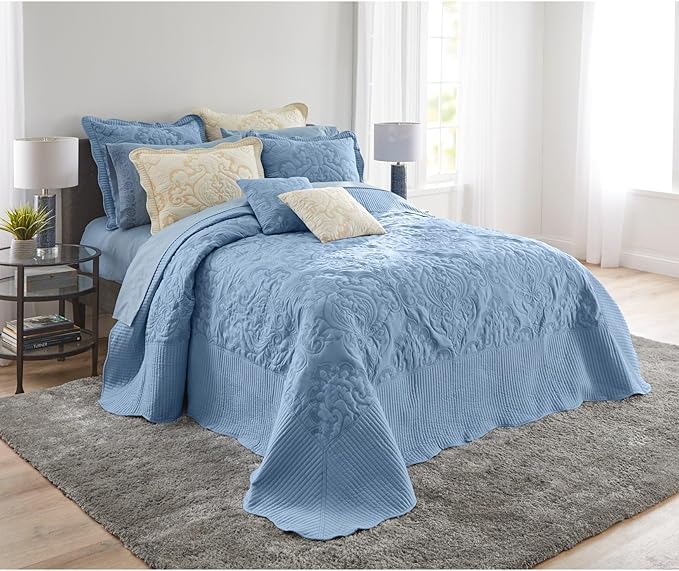 BrylaneHome Bedding Lightweight All Season Modern Amelia Quilted Damask Oversized Ultra Soft Bedspread - Full, Ashley Blue