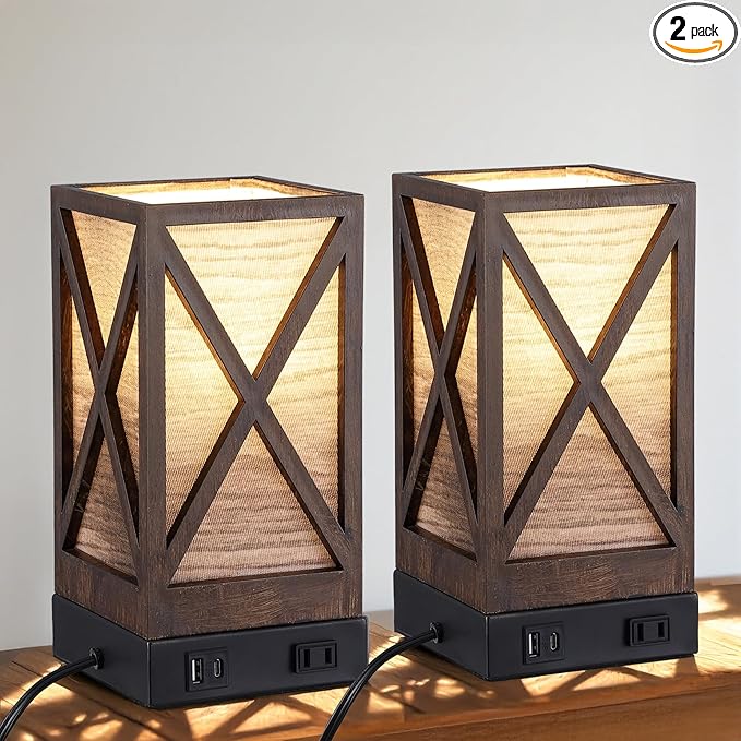 Table Lamp, Set of 2 Rustic Farmhouse Nightstand Lamps, 3 Color Temperatures Desk Lamp with USB Charging Ports AC Outlet Vintage Lamp for Living Room Bed Room, Brown Tiger Pattern