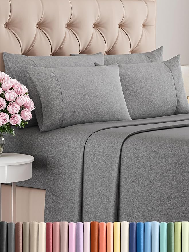 King Sheets Set 6 Piece - Includes 4 Pillowcases - Bed Sheets King Size - Soft Hotel Luxury Bedding - Cooling, Comfy & Breathable - 1 Flat & 1 Fitted & 4 Pillowcases w/ Deep Pockets - Heathered Grey