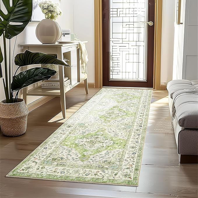 Topllen Runner Rug - 2'6"x8' Boho Washable Kitchen Rug, Non-Slip Soft Low Pile Rugs Indoor for Hallway Hall Living Room Bedroom Sunroom, Vintage Throw Stair Carpet Stain Resistance (Green, 2.5x8ft)