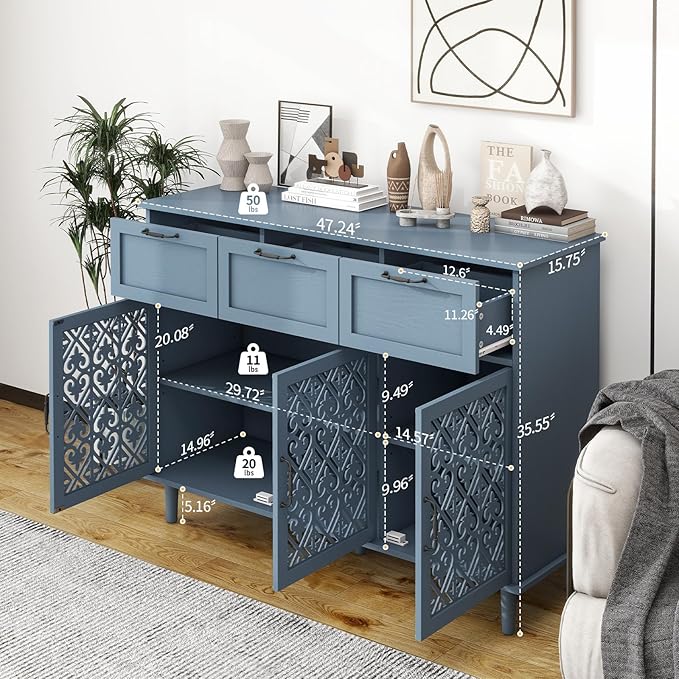 Sideboard Buffet Cabinet with Storage - Accent Storage Cabinet with Hollow Carved Pattern, Modern 3 Door 3 Drawer Farmhouse Wood Credenza for Living Room, Dining Room (Blue)