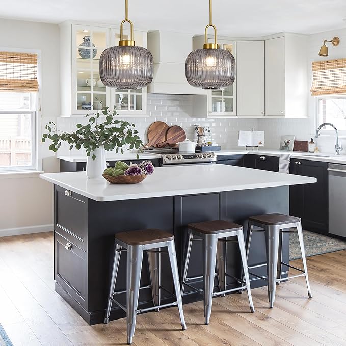 Modern Smoky Gray Glass Pendant Light Fixtures, Mid Century Pendant Lights for Kitchen Island, 9.8" Gold Adjustable Height Ceiling Hanging Light Fixtures for Dining Room Entryway Foyer Hallway