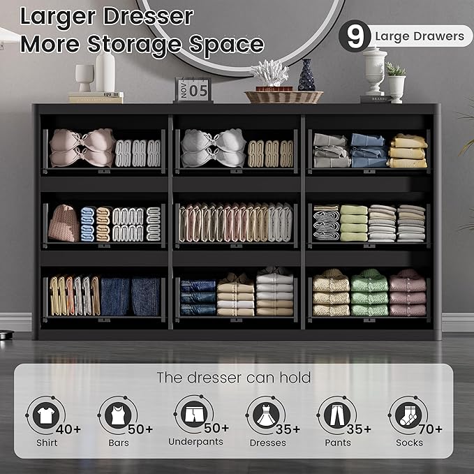 Black 9 Drawers Dressers for Bedroom, 57" Large Chest of Drawers with Handleless, Curved Profile, Modern Flute Dresser TV Stand, Wooden Closet Clothes Storage Organizer for Living Room