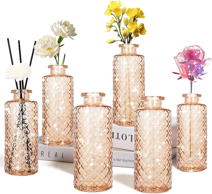 Glass Flower Vase, Amber, Aromatherapy Bottle, Small Vase, 6 Sets, Simple Solid, for Birthday, Anniversary, Weddind, Home Decoration