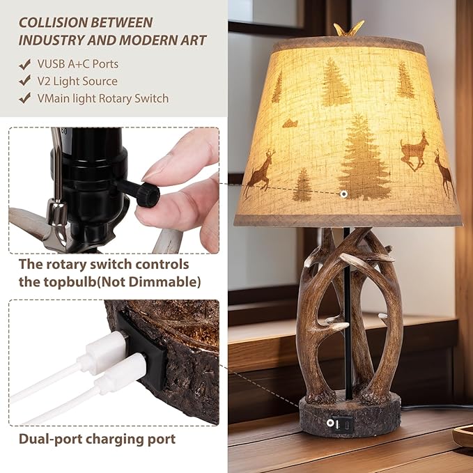 Set of 2 Rustic Western Deer Table Lamps, 26" with Nightlight & 2 USB Ports, Natural Antler Design for Bedroom, Living Room, Office & Christmas