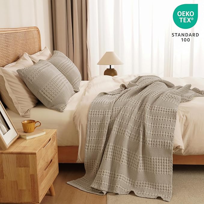 PHF 100% Cotton Waffle Weave Throw Blanket, Soft Lightweight Breathable Cozy Summer Throws for Couch Bed Sofa, Luxury Aesthetic Woven Blanket for Home Decor & Office, 50"x60", Simply Taupe