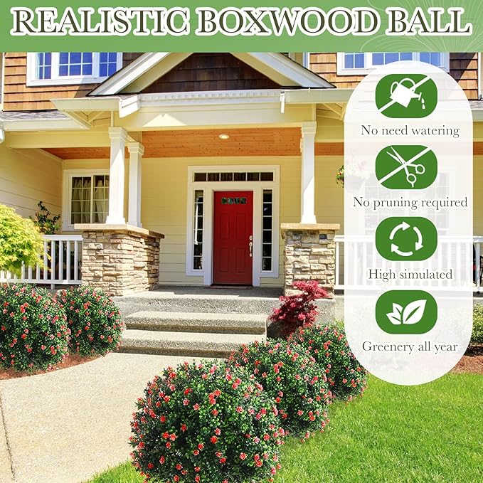 Yunlly Set of 2 Artificial Boxwood Topiary Ball Tree Fake Bushes Shrubs Outdoor Faux Plant with Ground Spike Flowers UV Resistance Greenery for Front Porch Garden Patio Indoor(Red,27x18inch)
