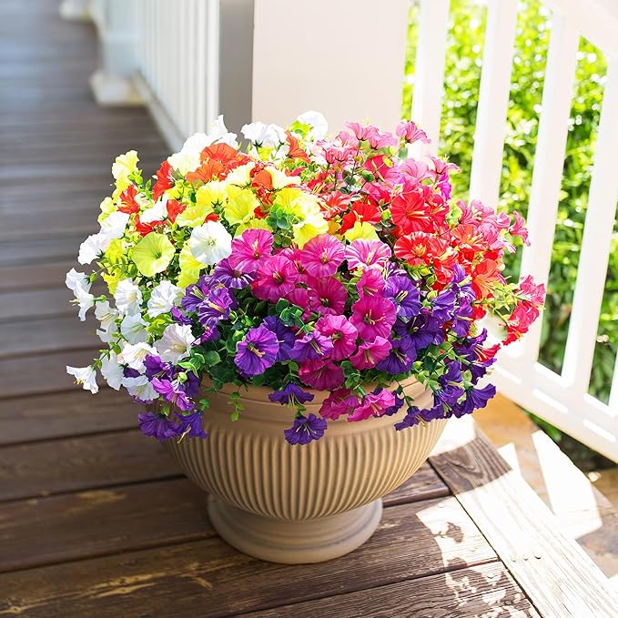 HyeFlora Artificial Flowers for Outdoors Fake Plants Outside Decoration, 12 Bundles Silk Colorful Morning Glory with Eucalyptus UV Resistant Realistic Faux Flowers for Planter Porch Patio Yard Garden