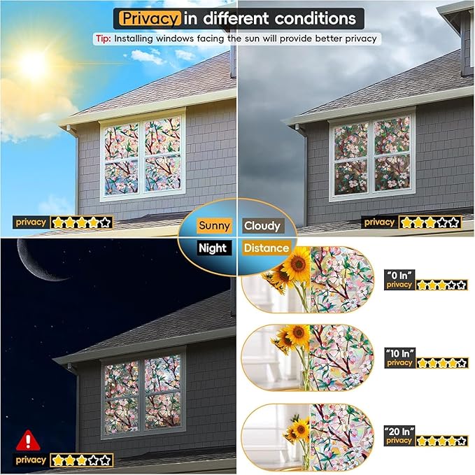 Rainbow Window Privacy Film Decorative, 3D Decals Stained Glass Clings, Static Cling Sticker, Suncatcher Windows Cover Tint for Home, 23.6 Inch x 78.7 Inch