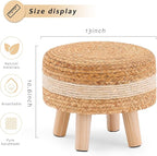 Handwoven Round Ottoman, Natural Water Hyacinth Outdoor Patio Pouf Seagrass Low Stool with Wood Legs, Soft Padded Footrest for Living Room Bedroom Garden, White