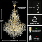 H65'' Gold Tree Branch Crystal High Ceilings Chandeliers, 27-Lights Modern K9 Crystal Staircase Chandeliers, D48'' Foyer Chandelier for High Ceiling, Luxury Large Living Room Chandelier