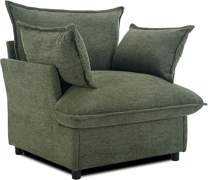35.4" Wide Oversized Chenille Single Sofa Chair with 2 Pillows, Modern Upholstered Accent Chair Armchair for Livingroom Bedroom Apartment, Green