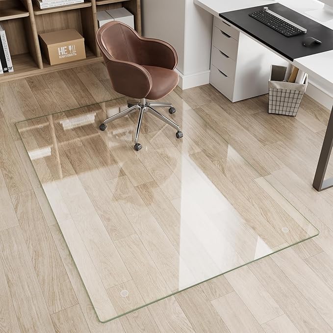 Glass Chair Mat 36" x 55" Heavy Duty Tempered Glass Mat, OfficeOffice Glass Floor Mat with Round Corner and Polished Edge for Smooth Glide, Carpet Hardwood Floor Protector