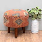 Handmade Kilim Jute Pouf Ottomans Wooden Seating Stool for Living Room, Bedroom (16" D x 16" W x 16" H) (Red)