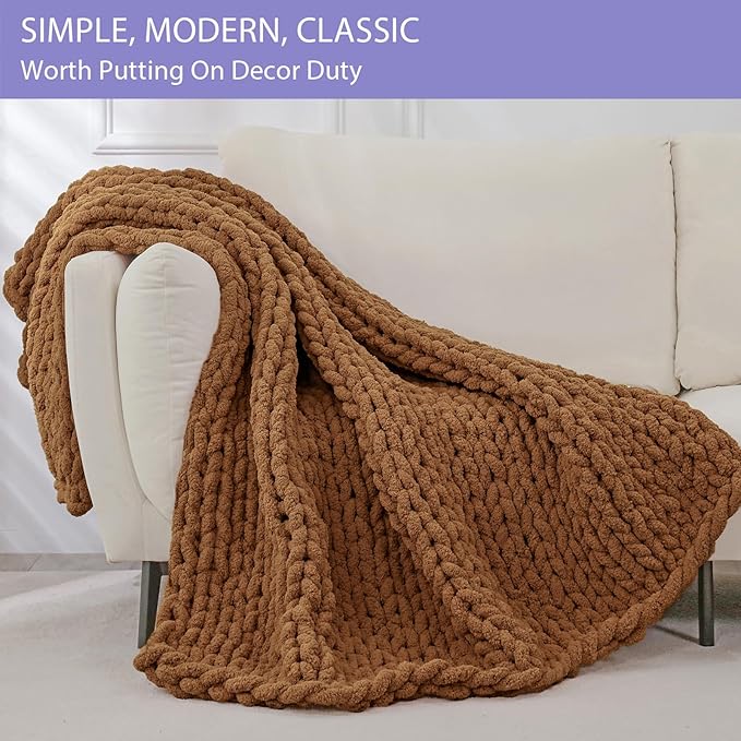 Bigacogo Chunky Knit Throw Blanket for Couch, 40x60 inches, 100% Hand Knitted with Thick Jumbo Chenille Yarn, Cozy Soft Large Rope Knot Cable Crochet Blankets for Sofa Bed Living Room, Caramel