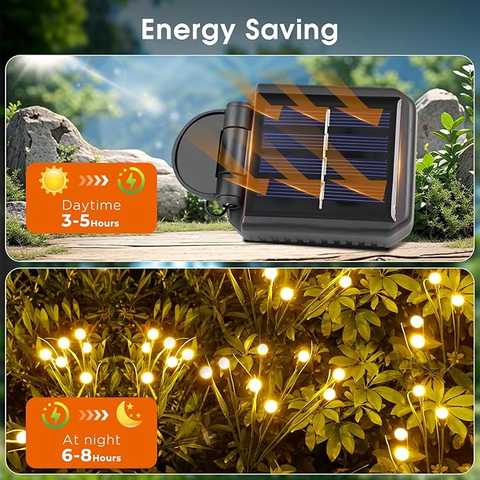 luckystyle Solar Garden Lights 4 Pack,2 Lighting Modes Fairy Lights with Artificial Green Leaves & Branches,32 LED Big Bulb Solar Lights Outdoor Waterproof Firefly Light for Yard Pathway Patio Decor