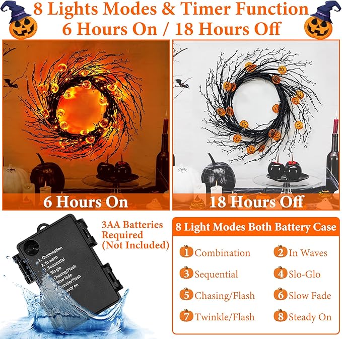 7 Ft 63 LED Halloween Decorations Willow Vine Twig Garland with 8 Modes Timer 21 Pumpkin Orange Lights, Halloween Garland with Waterproof Battery Operated for Indoor Wall Fireplace Decorations