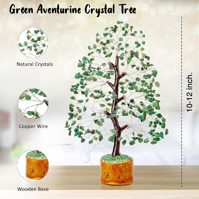 Crocon Green Aventurine Gemstone Tree Feng Shui Figurine Money Bonsai Chakra Balancing Good Luck Reiki Healing Crystals Decoration Ornament Sculpture Prosperity Table Decor Gift Size 10-12"""