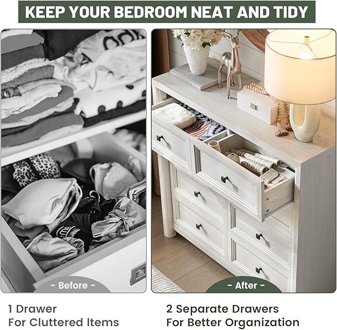 41" Tall White Dresser, Farmhouse 8 Drawers Dressers for Bedroom, Vertical Chest of Drawers for Bedroom Nursery with Metal Handle, Modern Rustic Wood Dresser for Closet, Living Room