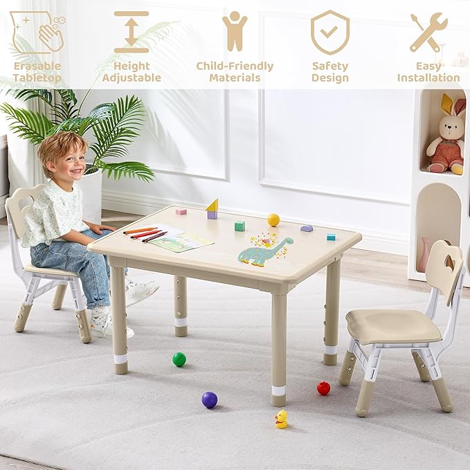 Kids Table and 2 Chairs Set, Height Adjustable (17.7"-26.1") Toddler Table and Chair Set, Multi-Activity Table with Graffiti Desktop, Children’s Table and Chairs for Classroom, Home & Daycare