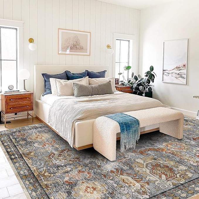 RUGSURE Washable Area Rugs - Perfect for Living Room, Bedroom, Kids Room, Nursery - Stain & Water Resistant Non-Slip, Pet & Child Friendly, Vintage Tribal Area Rugs (Turmeric and Grey, 5' x 7')