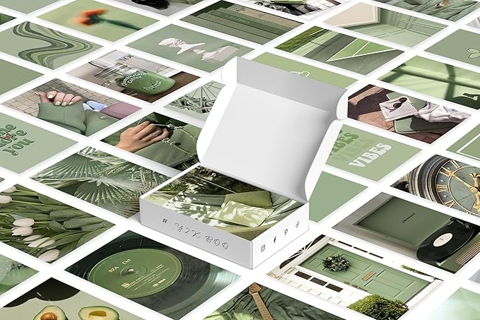Y2K BOO Sage Green Aesthetic Wall Collage Kit – 50 Soft & Serene Photos, 4"x6" Semi-Gloss Prints for Teen Girls Dorm Room Decor, Calm Sage Green Moments, Ideal Gift for Birthday & Graduation
