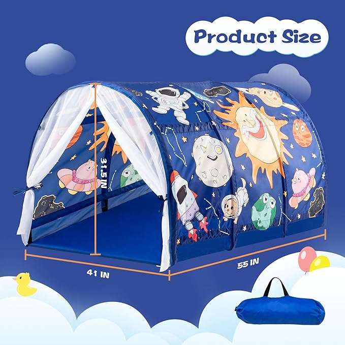 Bed Tent for Kids with LED Strip Lights Toddler Bed Tent Foldable Game House for Children Play Tents for Girls Boys Sleeping Canopy Playhouse (Dark Blue - Space)